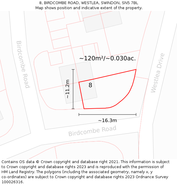 8, BIRDCOMBE ROAD, WESTLEA, SWINDON, SN5 7BL: Plot and title map