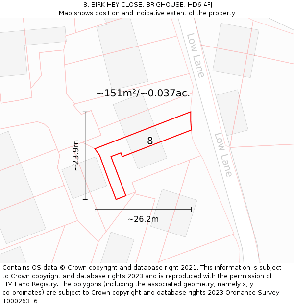 8, BIRK HEY CLOSE, BRIGHOUSE, HD6 4FJ: Plot and title map