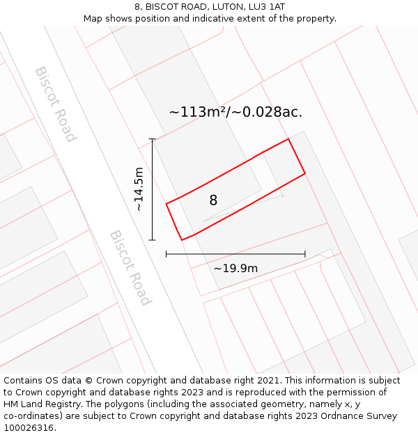 8, BISCOT ROAD, LUTON, LU3 1AT: Plot and title map