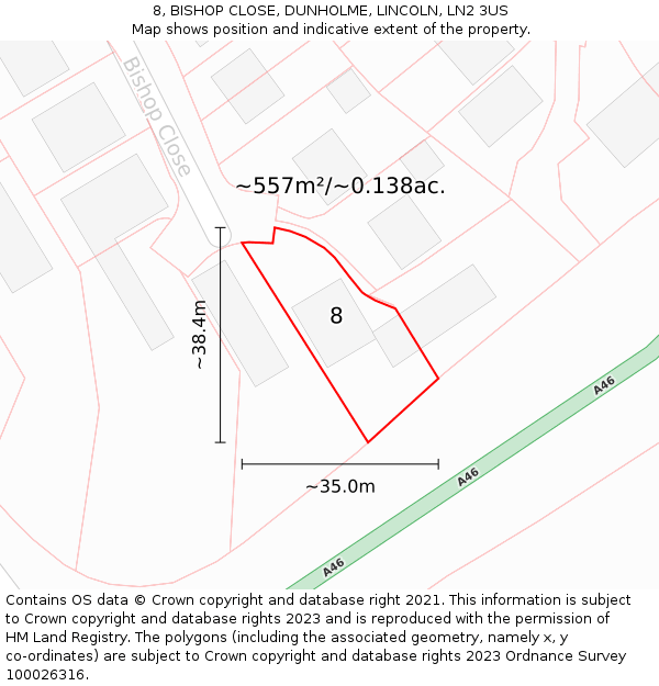 8, BISHOP CLOSE, DUNHOLME, LINCOLN, LN2 3US: Plot and title map
