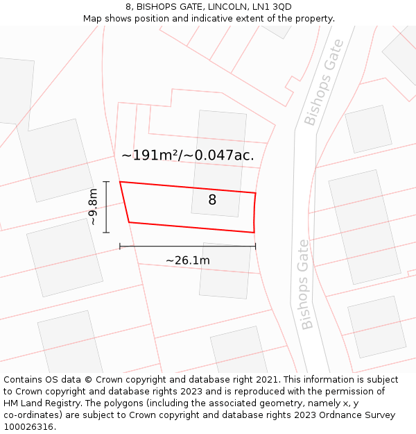 8, BISHOPS GATE, LINCOLN, LN1 3QD: Plot and title map
