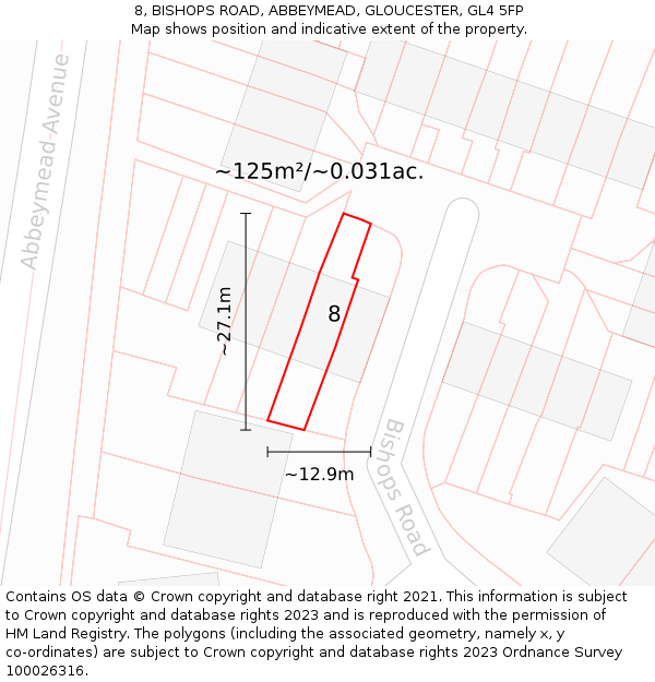 8, BISHOPS ROAD, ABBEYMEAD, GLOUCESTER, GL4 5FP: Plot and title map