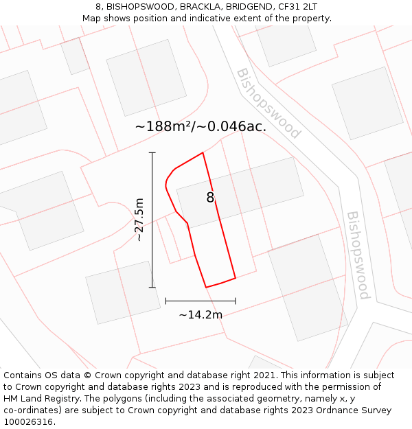 8, BISHOPSWOOD, BRACKLA, BRIDGEND, CF31 2LT: Plot and title map