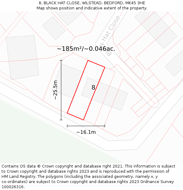 8, BLACK HAT CLOSE, WILSTEAD, BEDFORD, MK45 3HE: Plot and title map