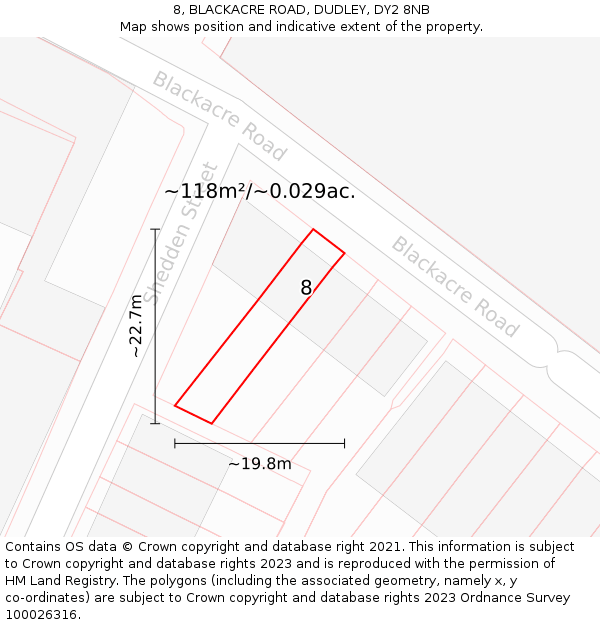 8, BLACKACRE ROAD, DUDLEY, DY2 8NB: Plot and title map