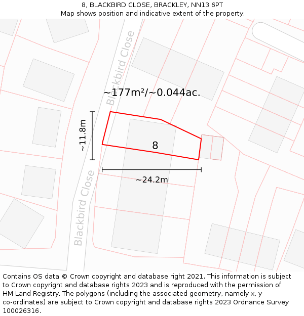 8, BLACKBIRD CLOSE, BRACKLEY, NN13 6PT: Plot and title map