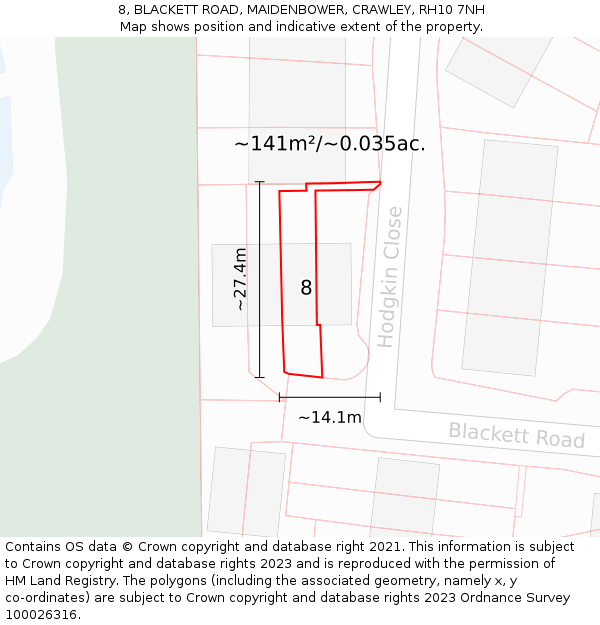 8, BLACKETT ROAD, MAIDENBOWER, CRAWLEY, RH10 7NH: Plot and title map