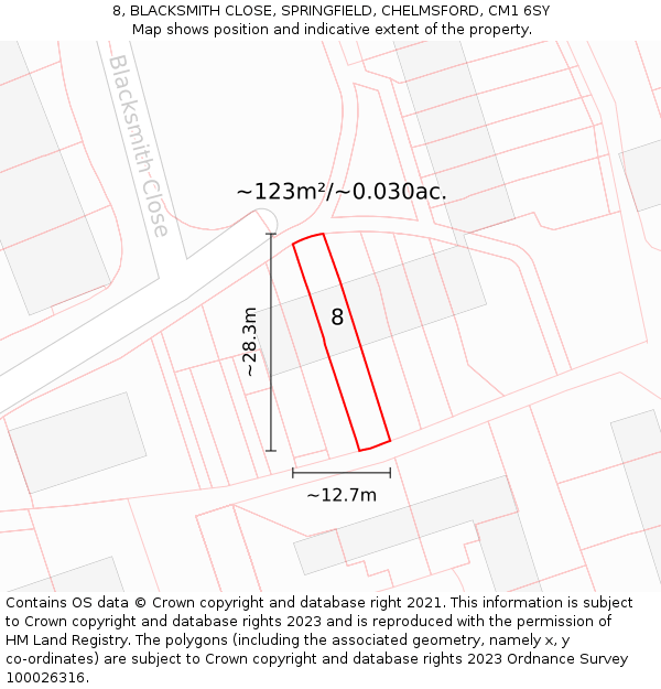 8, BLACKSMITH CLOSE, SPRINGFIELD, CHELMSFORD, CM1 6SY: Plot and title map
