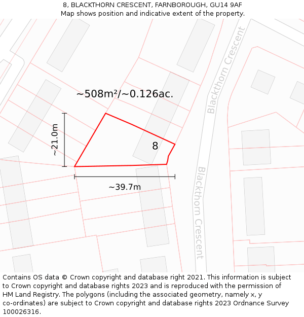 8, BLACKTHORN CRESCENT, FARNBOROUGH, GU14 9AF: Plot and title map
