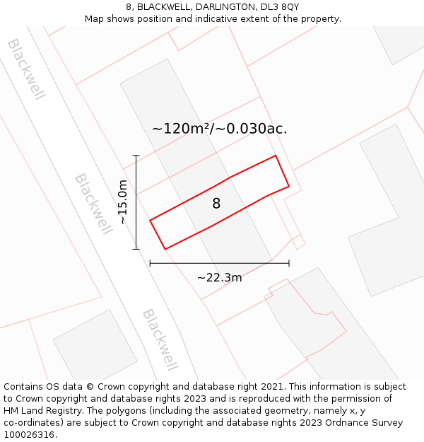 8, BLACKWELL, DARLINGTON, DL3 8QY: Plot and title map