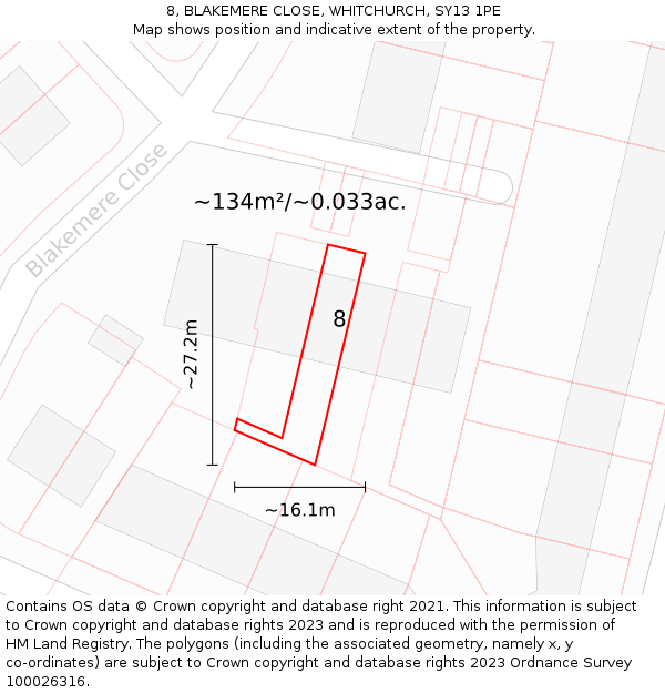 8, BLAKEMERE CLOSE, WHITCHURCH, SY13 1PE: Plot and title map