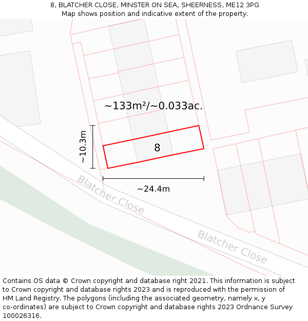 8, BLATCHER CLOSE, MINSTER ON SEA, SHEERNESS, ME12 3PG: Plot and title map