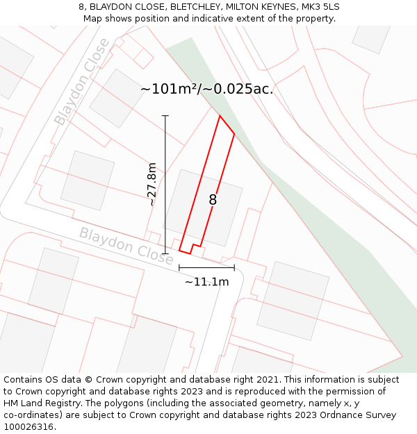 8, BLAYDON CLOSE, BLETCHLEY, MILTON KEYNES, MK3 5LS: Plot and title map