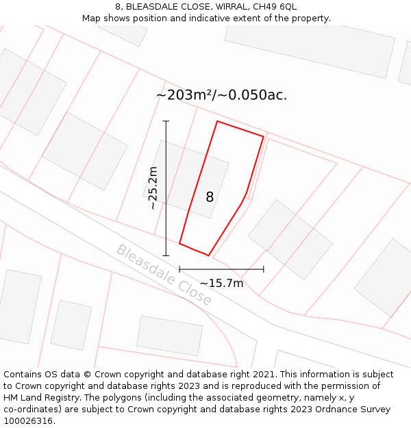 8, BLEASDALE CLOSE, WIRRAL, CH49 6QL: Plot and title map