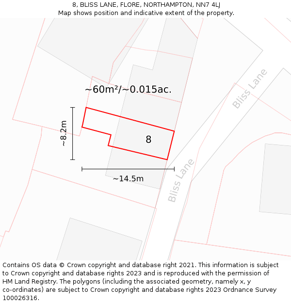8, BLISS LANE, FLORE, NORTHAMPTON, NN7 4LJ: Plot and title map