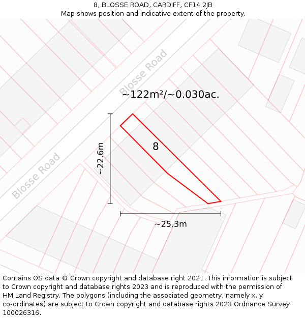 8, BLOSSE ROAD, CARDIFF, CF14 2JB: Plot and title map