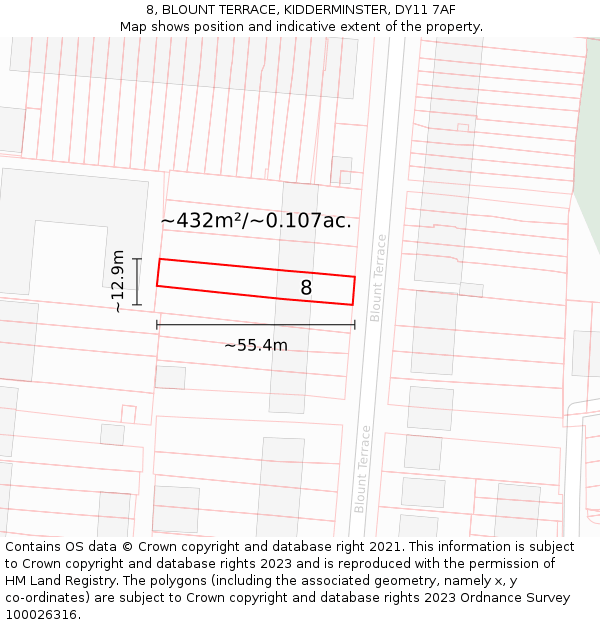 8, BLOUNT TERRACE, KIDDERMINSTER, DY11 7AF: Plot and title map