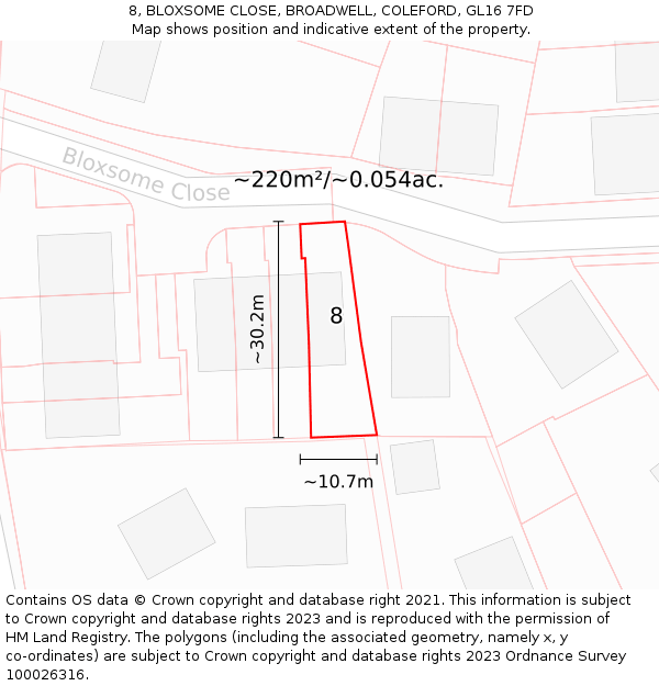 8, BLOXSOME CLOSE, BROADWELL, COLEFORD, GL16 7FD: Plot and title map