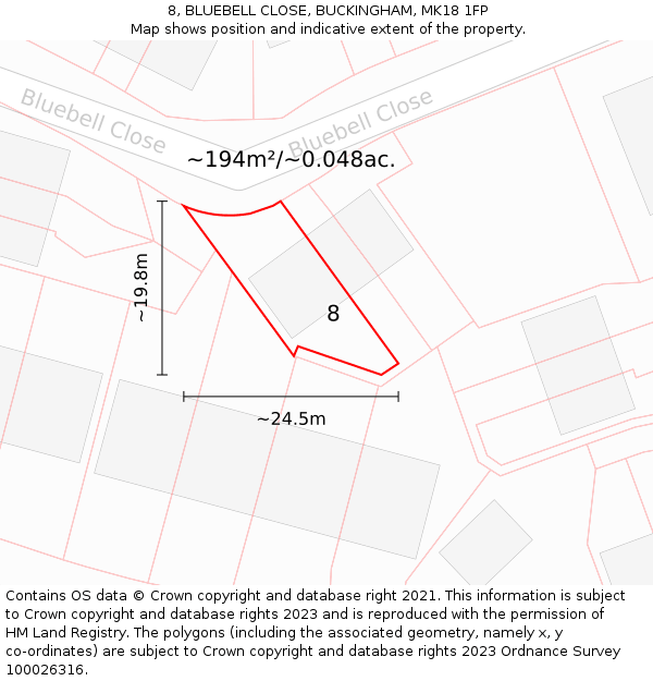 8, BLUEBELL CLOSE, BUCKINGHAM, MK18 1FP: Plot and title map