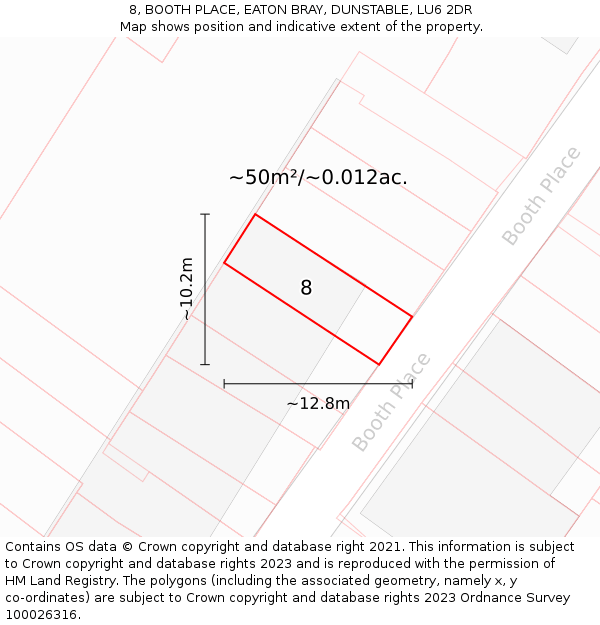 8, BOOTH PLACE, EATON BRAY, DUNSTABLE, LU6 2DR: Plot and title map