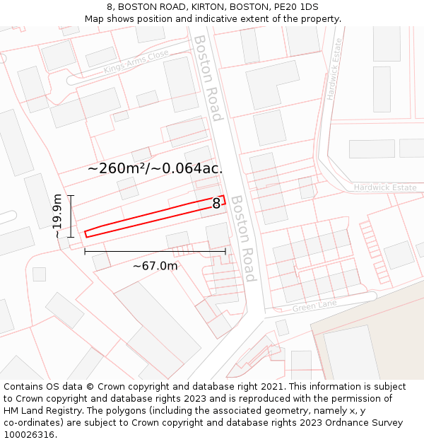 8, BOSTON ROAD, KIRTON, BOSTON, PE20 1DS: Plot and title map