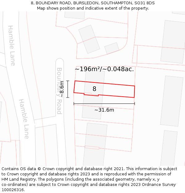 8, BOUNDARY ROAD, BURSLEDON, SOUTHAMPTON, SO31 8DS: Plot and title map
