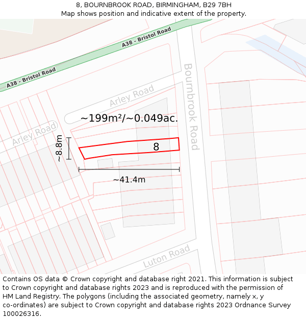 8, BOURNBROOK ROAD, BIRMINGHAM, B29 7BH: Plot and title map