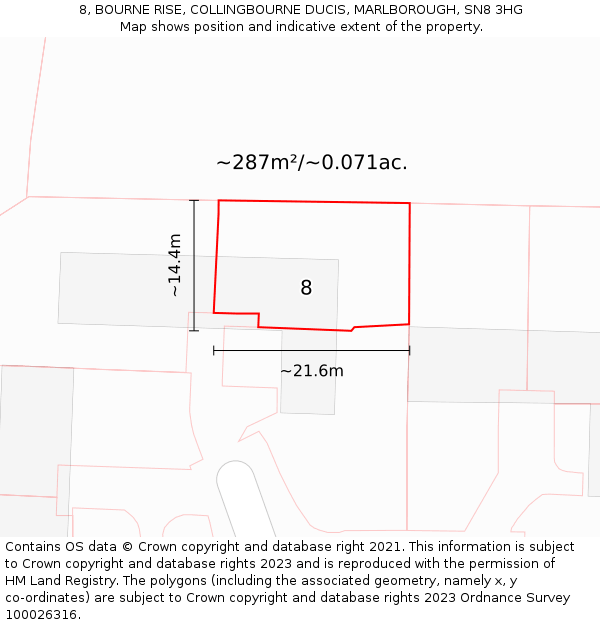 8, BOURNE RISE, COLLINGBOURNE DUCIS, MARLBOROUGH, SN8 3HG: Plot and title map