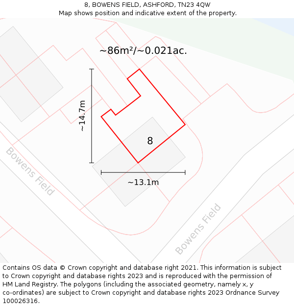 8, BOWENS FIELD, ASHFORD, TN23 4QW: Plot and title map