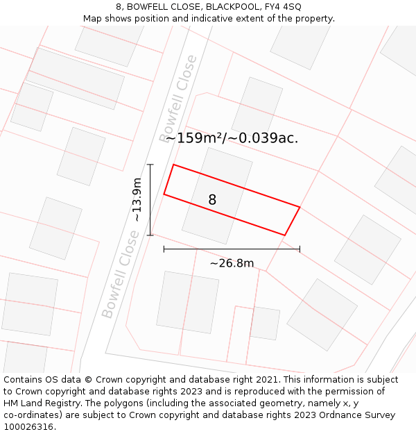 8, BOWFELL CLOSE, BLACKPOOL, FY4 4SQ: Plot and title map