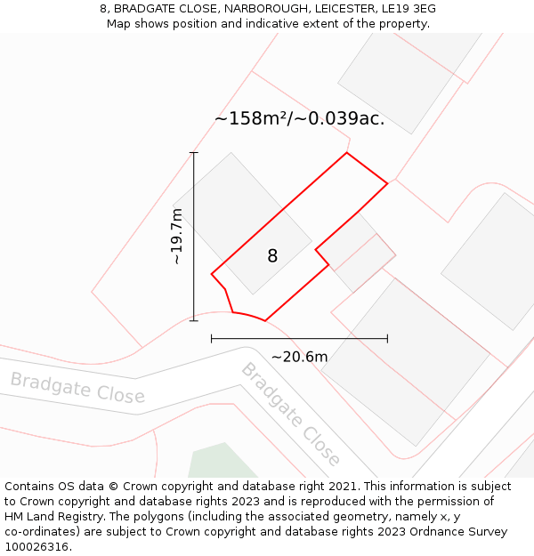 8, BRADGATE CLOSE, NARBOROUGH, LEICESTER, LE19 3EG: Plot and title map