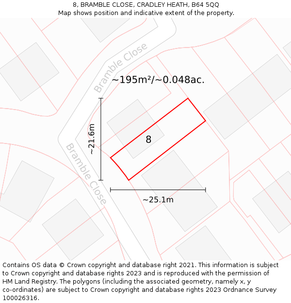 8, BRAMBLE CLOSE, CRADLEY HEATH, B64 5QQ: Plot and title map