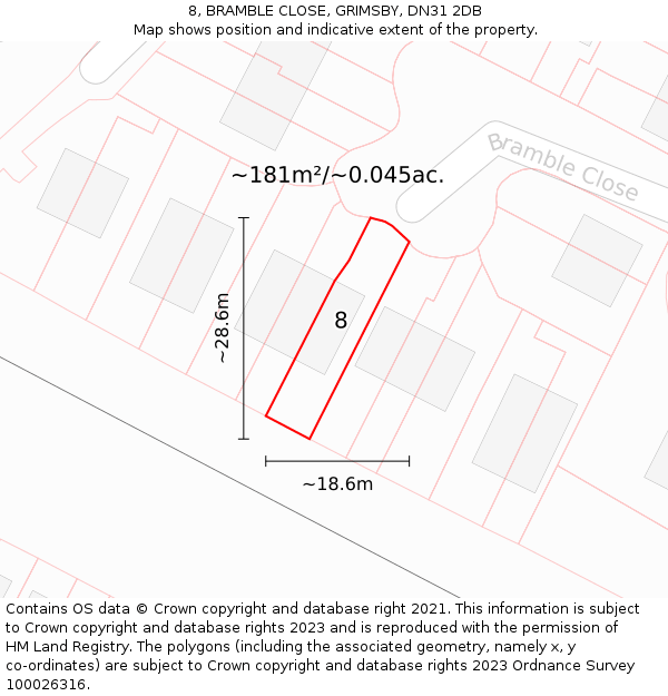 8, BRAMBLE CLOSE, GRIMSBY, DN31 2DB: Plot and title map