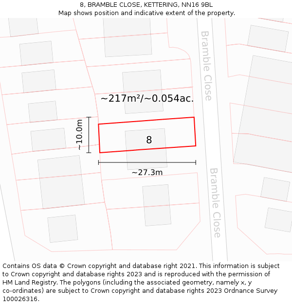 8, BRAMBLE CLOSE, KETTERING, NN16 9BL: Plot and title map