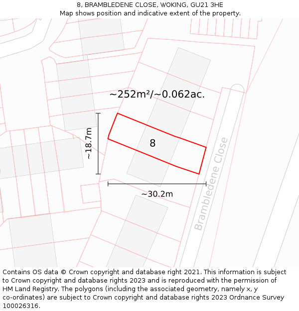 8, BRAMBLEDENE CLOSE, WOKING, GU21 3HE: Plot and title map