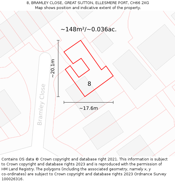 8, BRAMLEY CLOSE, GREAT SUTTON, ELLESMERE PORT, CH66 2XG: Plot and title map