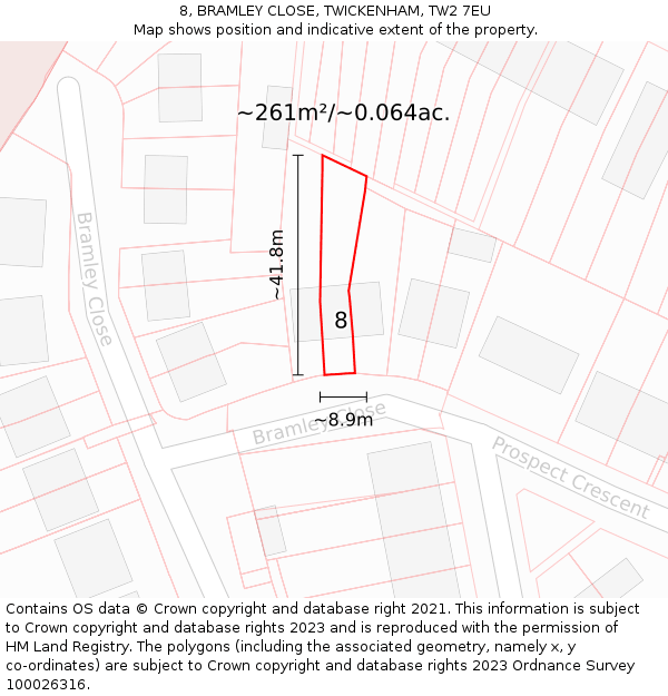 8, BRAMLEY CLOSE, TWICKENHAM, TW2 7EU: Plot and title map