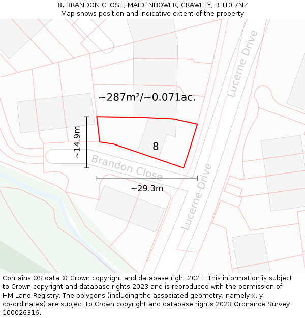 8, BRANDON CLOSE, MAIDENBOWER, CRAWLEY, RH10 7NZ: Plot and title map