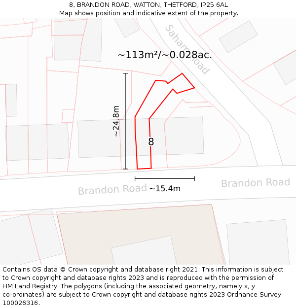 8, BRANDON ROAD, WATTON, THETFORD, IP25 6AL: Plot and title map