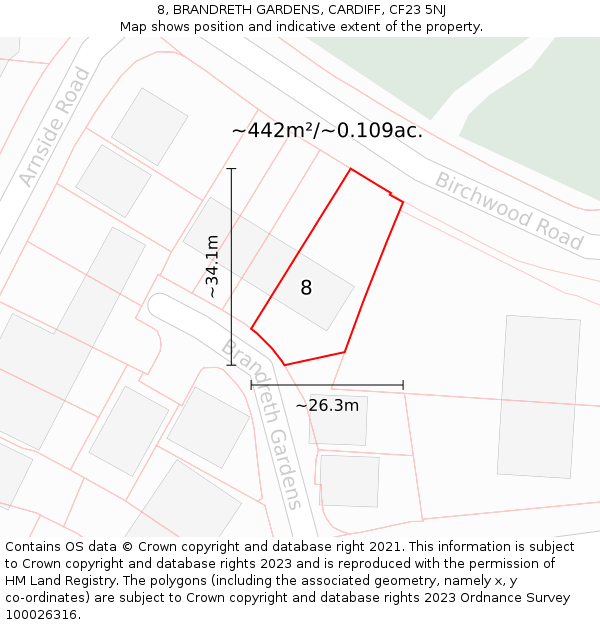 8, BRANDRETH GARDENS, CARDIFF, CF23 5NJ: Plot and title map
