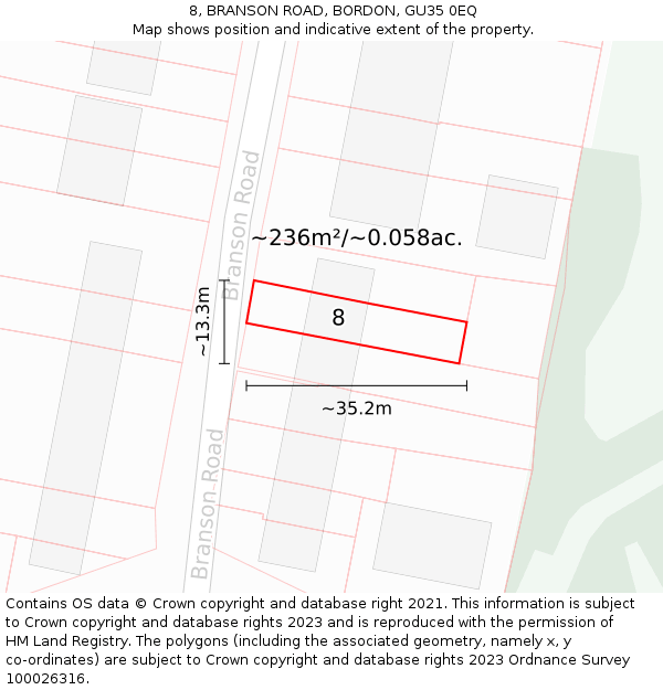 8, BRANSON ROAD, BORDON, GU35 0EQ: Plot and title map