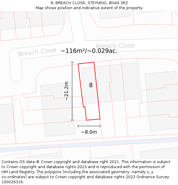 8, BREACH CLOSE, STEYNING, BN44 3RZ: Plot and title map
