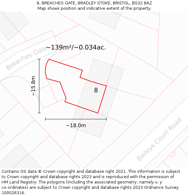 8, BREACHES GATE, BRADLEY STOKE, BRISTOL, BS32 8AZ: Plot and title map
