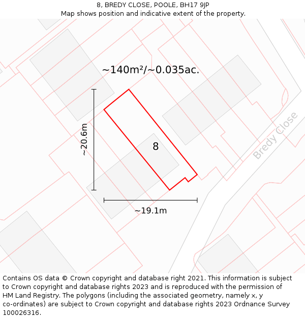 8, BREDY CLOSE, POOLE, BH17 9JP: Plot and title map