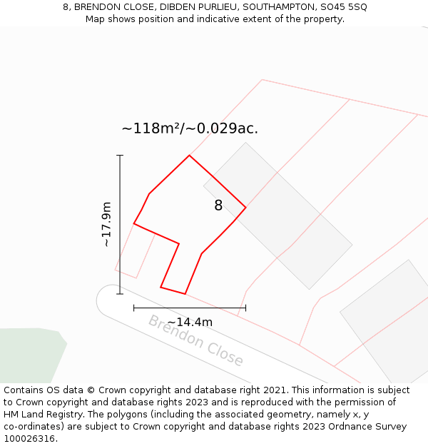 8, BRENDON CLOSE, DIBDEN PURLIEU, SOUTHAMPTON, SO45 5SQ: Plot and title map