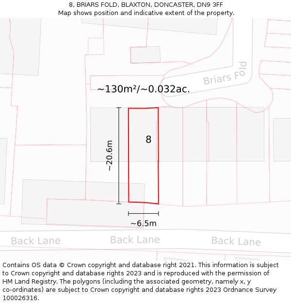 8, BRIARS FOLD, BLAXTON, DONCASTER, DN9 3FF: Plot and title map