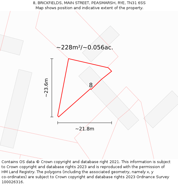 8, BRICKFIELDS, MAIN STREET, PEASMARSH, RYE, TN31 6SS: Plot and title map