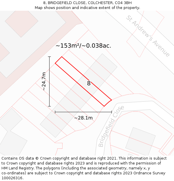 8, BRIDGEFIELD CLOSE, COLCHESTER, CO4 3BH: Plot and title map