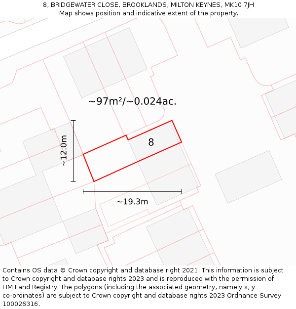 8, BRIDGEWATER CLOSE, BROOKLANDS, MILTON KEYNES, MK10 7JH: Plot and title map