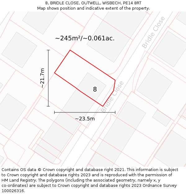 8, BRIDLE CLOSE, OUTWELL, WISBECH, PE14 8RT: Plot and title map